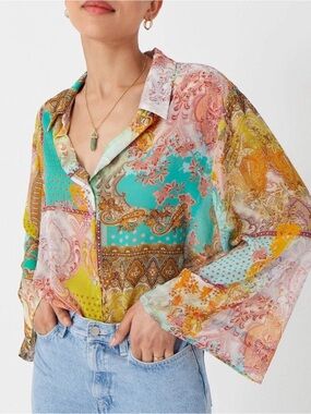 ZARA Colourful Patchwork Boho Paisley Festival Sheer Oversized‎ Blouse Small